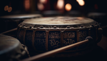 Traditional drumming Indigenous craft, metal and wood create rhythmic noise generated by artificial intelligenceの素材