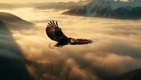 Bald eagle soaring mid air above mountain range at sunset generated by artificial intelligenceの素材