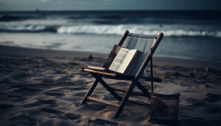 Tranquil scene of a wooden deck chair by the waters edge generated by artificial intelligenceの素材