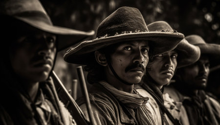Confident cowboy musician with old fashioned elegance looking at camera outdoors generated by artificial intelligenceの素材