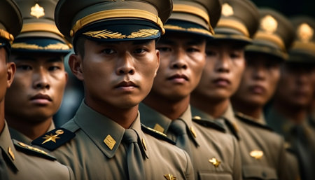 Chinese honor guard in military parade, standing in a row generated by artificial intelligenceの素材