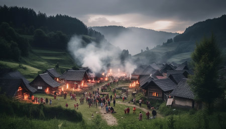 Mountain hut in ancient forest, a rural scene at dusk generated by artificial intelligenceの素材