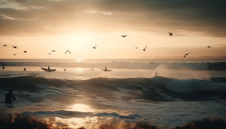 Silhouette of seagull flying over tranquil seascape at dusk generated by artificial intelligenceの素材