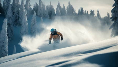 One adult male skiing down snowy mountain slope with skill generated by artificial intelligenceの素材
