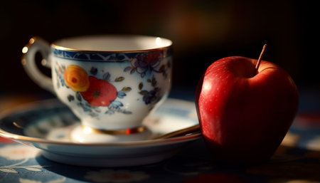 Fresh coffee and fruit on wooden table, a gourmet still life generated by artificial intelligenceの素材