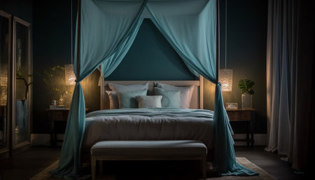 Cozy blue bedroom with modern design and luxurious bedding comfort generated by artificial intelligenceの素材