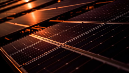 Modern solar panel technology illuminates futuristic power supply grid at night generated by artificial intelligenceの素材