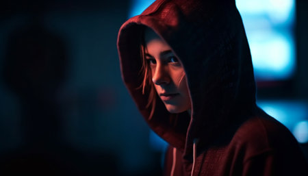 One young adult, hooded sweatshirt, looking at camera, outdoors, alone generated by artificial intelligenceの素材