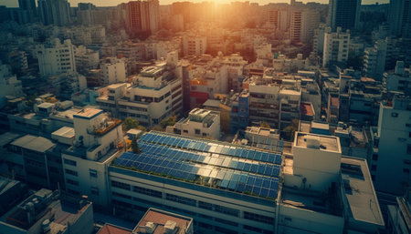Modern skyscraper cityscape illuminates financial district at sunset above pollution generated by artificial intelligenceの素材