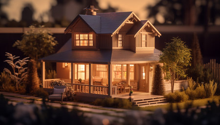 Luxury cottage with modern architecture, glowing lighting equipment, and nature background generated by artificial intelligenceの素材