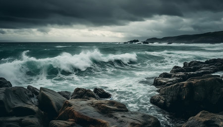 Breaking waves crash against rocky cliff at dusk, dramatic beauty generated by artificial intelligenceの素材