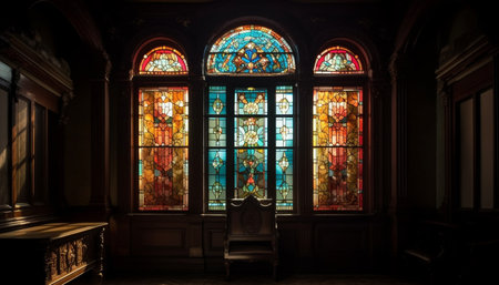 Medieval chapel with stained glass, gothic arches, and ornate altar generated by artificial intelligenceの素材
