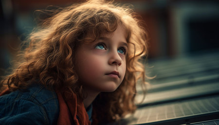 One young adult girl with curly brown hair looking sad generated by artificial intelligenceの素材