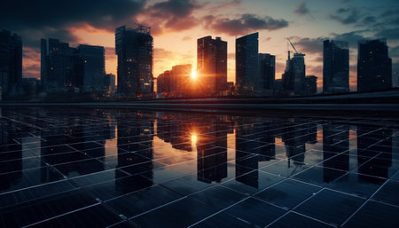 Modern city skyline reflects in waterfront at sunset, illuminating skyscrapers generated by artificial intelligenceの素材