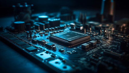 Abstract complexity of computer equipment circuit board, CPU, resistor generated by artificial intelligenceの素材