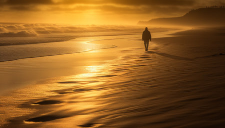 Silhouette of an adult walking along the idyllic coastline at sunset generated by artificial intelligenceの素材