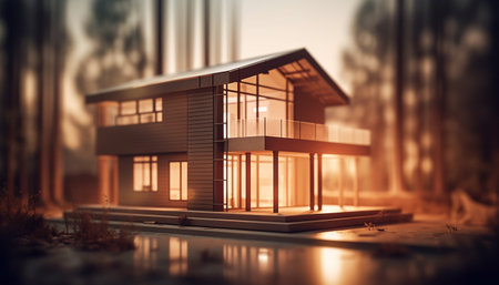 A luxurious modern apartment with a bright sunset reflection generated by artificial intelligenceの素材