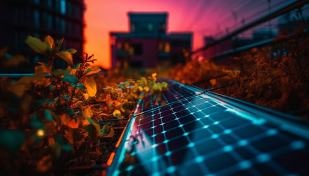 Modern skyscraper illuminates city skyline at dusk with steel construction generated by artificial intelligenceの素材