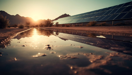 Tranquil sunset over rural farm with solar panels harnessing nature power generated by artificial intelligenceの素材