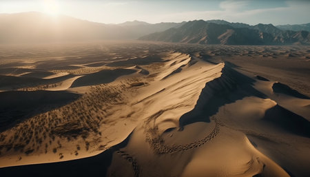 Majestic mountain range, rippled sand dunes, tranquil sunrise in Africa generated by artificial intelligenceの素材