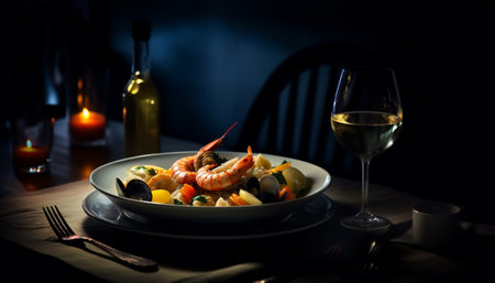Grilled seafood plate with octopus, scampi, and crustacean elegance generated by artificial intelligenceの素材
