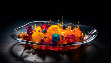 Sweet candy colors decoration on gourmet fruit dessert bowl background generated by artificial intelligenceの素材