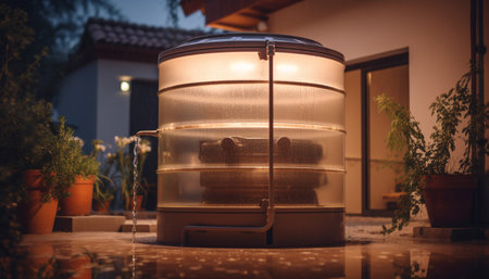 Old fashioned lantern illuminates outdoor table with wine and nature backdrop generated by artificial intelligenceの素材