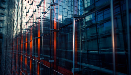 Abstract steel skyscraper reflects city life in bright blue night generated by artificial intelligenceの素材
