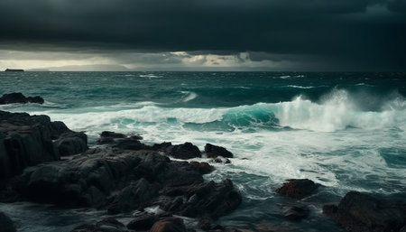 Breaking waves crash against rocky cliff in dramatic tropical storm generated by artificial intelligenceの素材