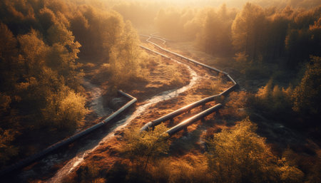 The tranquil scene of the forest at dusk, vanishing point generated by artificial intelligenceの素材