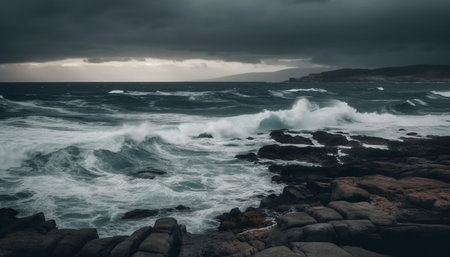 Dramatic storm cloud over horizon, crashing waves on rocky coastline generated by artificial intelligenceの素材