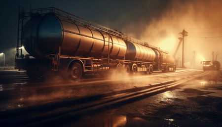 Freight transportation delivering cargo containers via land vehicle and railroad track generated by artificial intelligenceの素材