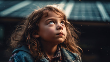 Smiling girl enjoys nature beauty, innocence and cheerful childhood happiness generated by artificial intelligenceの素材