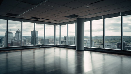 Modern skyscraper reflects city life through bright glass windows generated by artificial intelligenceの素材