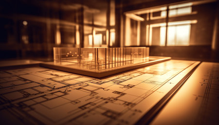 Blueprints and diagrams illuminate the modern plan for construction industry generated by artificial intelligenceの素材