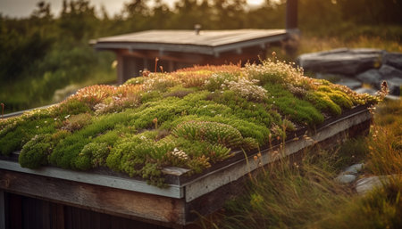Tranquil scene of a summer meadow with green pine trees generated by artificial intelligenceの素材