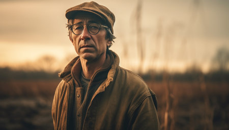 One man, outdoors, looking at camera, wearing eyeglasses, smiling generated by artificial intelligenceの素材