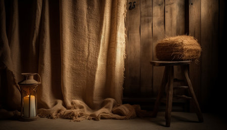 Rustic lantern illuminates old fashioned wooden table in cozy living room generated by artificial intelligenceの素材