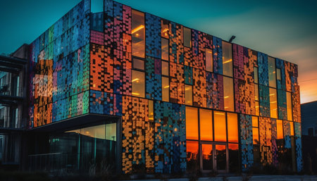 Modern skyscraper reflects vibrant city life in illuminated glass facade generated by artificial intelligenceの素材