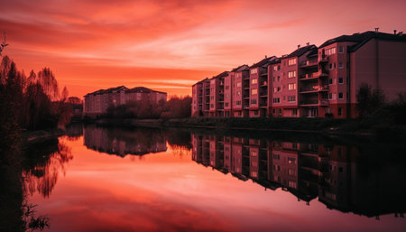 Modern city skyline reflects in tranquil canal at sunset twilight generated by artificial intelligenceの素材