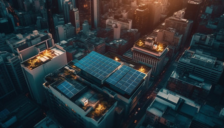 Glowing urban skyline with illuminated skyscrapers and modern architecture generated by artificial intelligenceの素材