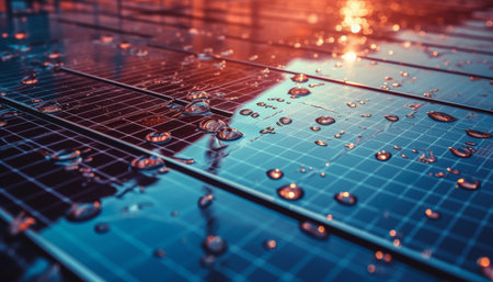 Shiny metallic equipment reflects abstract lighting on wet flooring generated by artificial intelligenceの素材