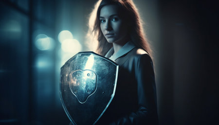 Confident young businesswoman holding a glowing shield for online privacy generated by artificial intelligenceの素材