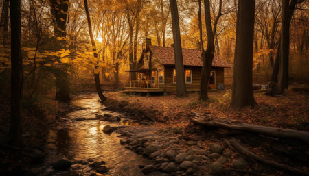 Abandoned hut in tranquil forest, surrounded by autumn foliage generated by artificial intelligenceの素材