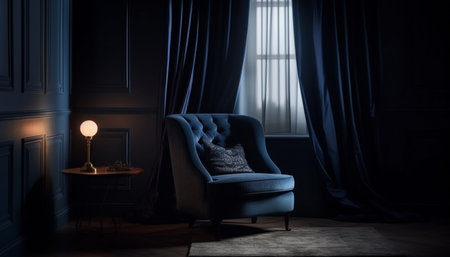Modern apartment with elegant decoration, comfortable sofa, and illuminated window generated by artificial intelligenceの素材