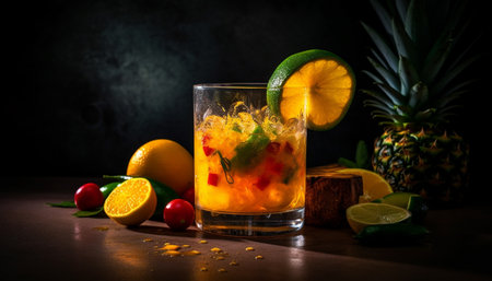 Juicy citrus slice in refreshing summer cocktail glass with ice generated by artificial intelligenceの素材