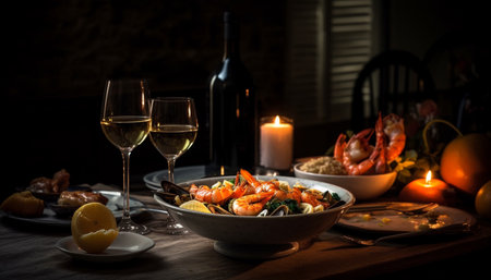 Gourmet meal with wine, seafood, and organic vegetables on table generated by artificial intelligenceの素材