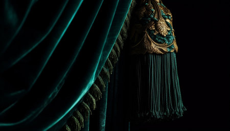 Elegant stage theater illuminated with shiny gold lighting equipment generated by artificial intelligenceの素材