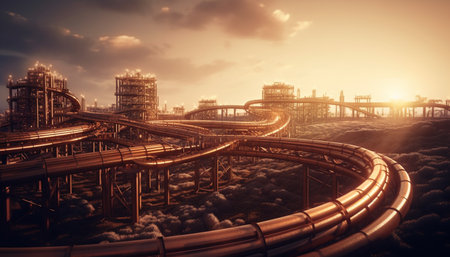 Modern city life Dusk illuminates steel skyscrapers in cityscape generated by artificial intelligenceの素材