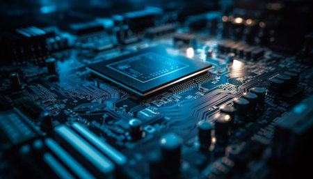 Abstract complexity of computer parts in blue macro circuit board generated by artificial intelligenceの素材